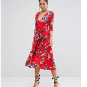 Floral print midi faux wrap dress